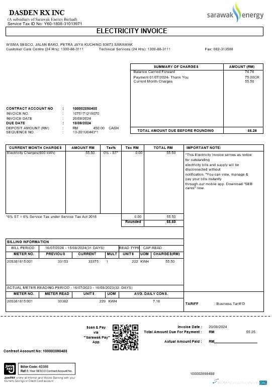 Download Malaysia Sarawak Energy business utility bill Word and PDF template Photoshop template